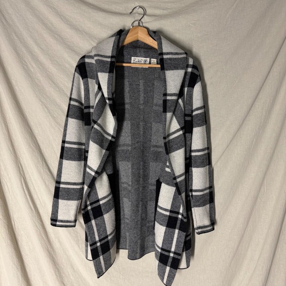 Anthropologie Field Flower Plaid Hooded Wool Cardigan Black White Women's XS - Picture 4 of 9